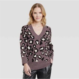 A New Day Animal Print V-Neck Sweater - Purple and Black, Like New